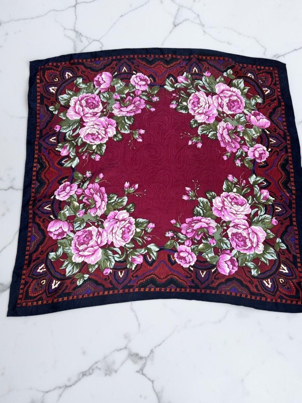 Basha Vintage Scarf 100% Silk Burgundy Red Pink Cottage Rose Floral 28” Square